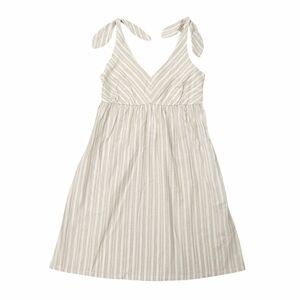 Hope & Henry Dress Women 4 Beige Striped Linen Cotton Bow Shoulder Preppy